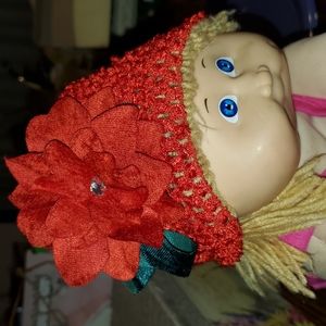 TOBY Infant Girl's Red Knit Hat w/Velvet Flower-Green Ribbon&Rhinestone-Sz 6Mo